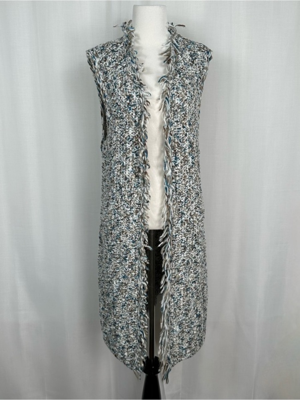 Chicos Boho Fringe Duster Vest Sleeveless Knit Cardigan Festival Size‎ 1 M